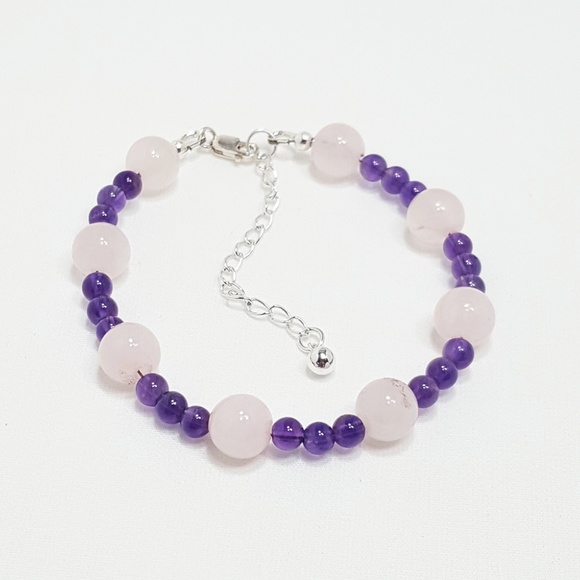 Rose Quartz & Amethyst Beaded Bracelet | Featherly Rose Quartz & Amethyst Gemstone Beaded Bracelet